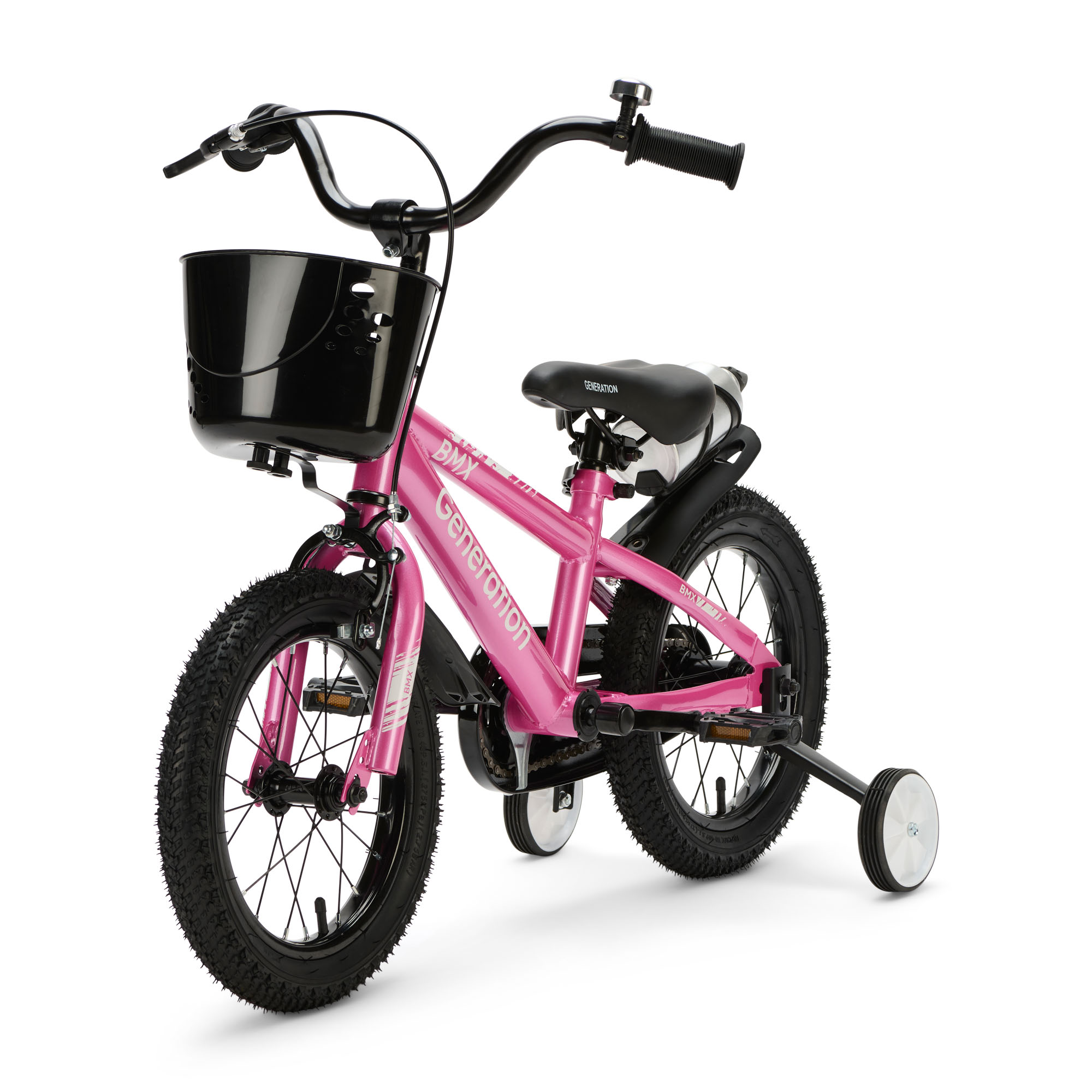 Generation BMX 14 inch Roze – Kinderfiets De Generation BMX 14 inch Roze is een stoere kinderfiets voor kinderen van ongeveer 3 tot 5 jaar. De fiets heeft een minimale zadelhoogte van 47 cm en een framemaat van 22,5 cm. Compleet met zijwieltjes, terugtraprem, mandje, drinkbeker, fietsbel en spatborden.