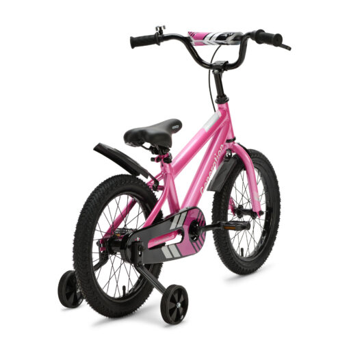 De Generation Sport 16 inch Roze is een stoere kinderfiets voor kinderen van ongeveer 4 tot 6 jaar. Met afneembare zijwieltjes, terugtraprem, standaard, fietsbel, spatborden en een gesloten kettingkast is deze fiets ideaal om te leren fietsen. Het sportieve roze-zwarte design en de brede zwarte banden zorgen voor een moderne uitstraling. De fiets heeft een framemaat van 26 cm en een minimale zadelhoogte van 53 cm.