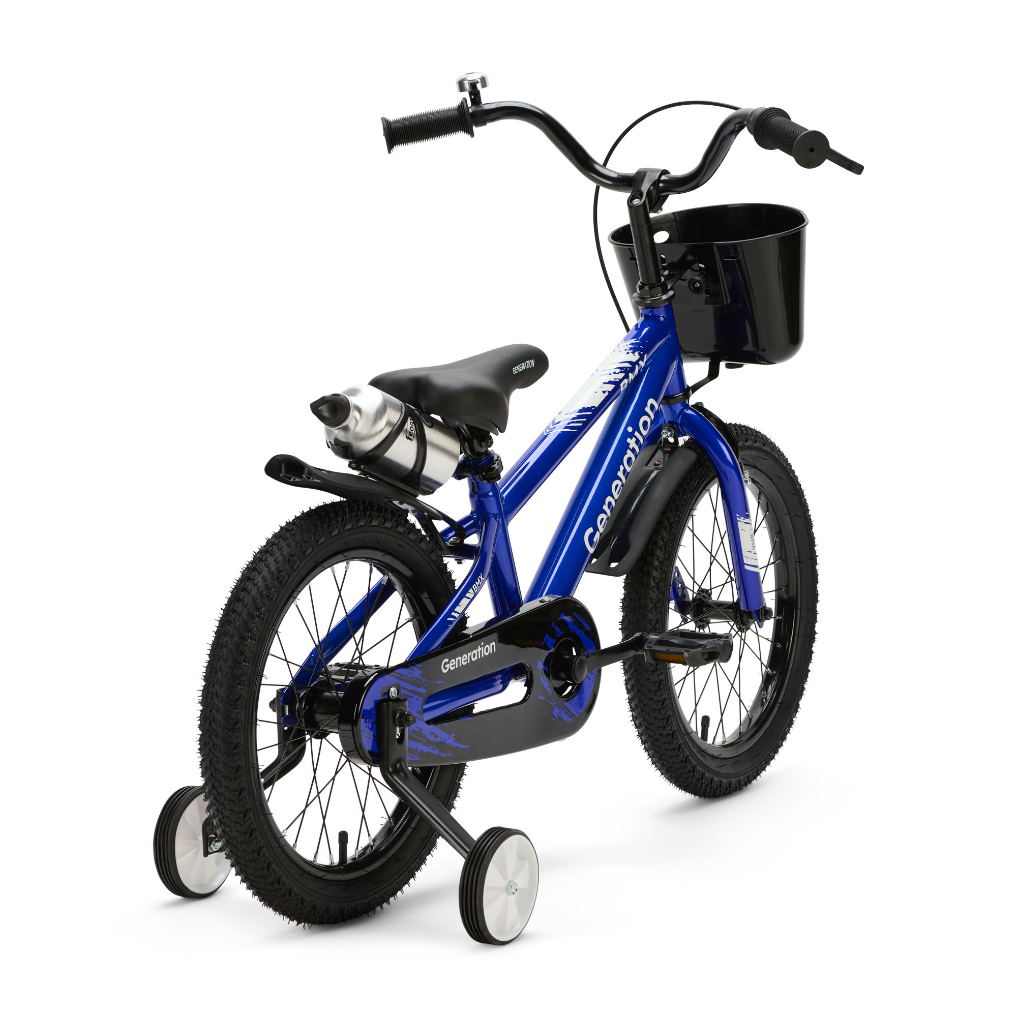 Generation BMX 16 inch Blauw – Kinderfiets De Generation BMX 16 inch Blauw is een stoere kinderfiets voor kinderen van ongeveer 4 tot 6 jaar. De fiets heeft een framemaat van 24 cm en een minimale zadelhoogte van 51 cm. Compleet met zijwieltjes, terugtraprem, mandje, drinkbeker, fietsbel en spatborden.