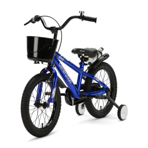 De Generation BMX 16 inch Blauw is een stoere kinderfiets voor kinderen van ongeveer 4 tot 6 jaar. De fiets heeft een framemaat van 24 cm en een minimale zadelhoogte van 51 cm. Compleet met zijwieltjes, terugtraprem, mandje, drinkbeker, fietsbel en spatborden.