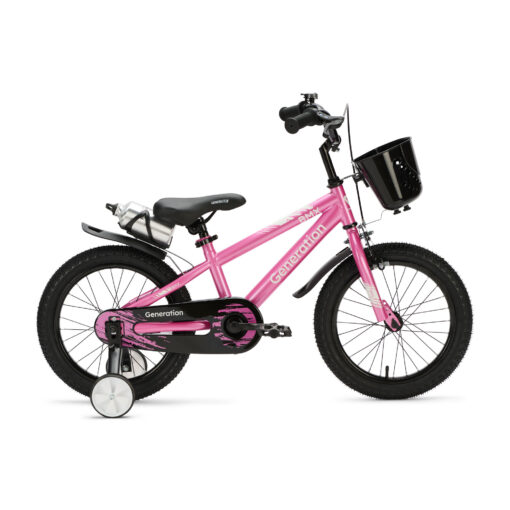 De Generation BMX 16 inch Roze is een stoere kinderfiets voor kinderen van ongeveer 4 tot 6 jaar. De fiets heeft een framemaat van 24 cm en een minimale zadelhoogte van 51 cm. Compleet met zijwieltjes, terugtraprem, mandje, drinkbeker, fietsbel en spatborden.