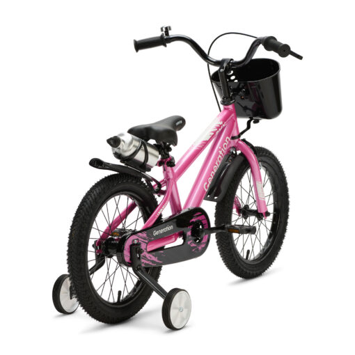 De Generation BMX 16 inch Roze is een stoere kinderfiets voor kinderen van ongeveer 4 tot 6 jaar. De fiets heeft een framemaat van 24 cm en een minimale zadelhoogte van 51 cm. Compleet met zijwieltjes, terugtraprem, mandje, drinkbeker, fietsbel en spatborden.