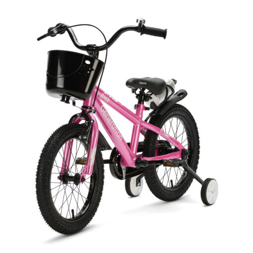De Generation BMX 16 inch Roze is een stoere kinderfiets voor kinderen van ongeveer 4 tot 6 jaar. De fiets heeft een framemaat van 24 cm en een minimale zadelhoogte van 51 cm. Compleet met zijwieltjes, terugtraprem, mandje, drinkbeker, fietsbel en spatborden.