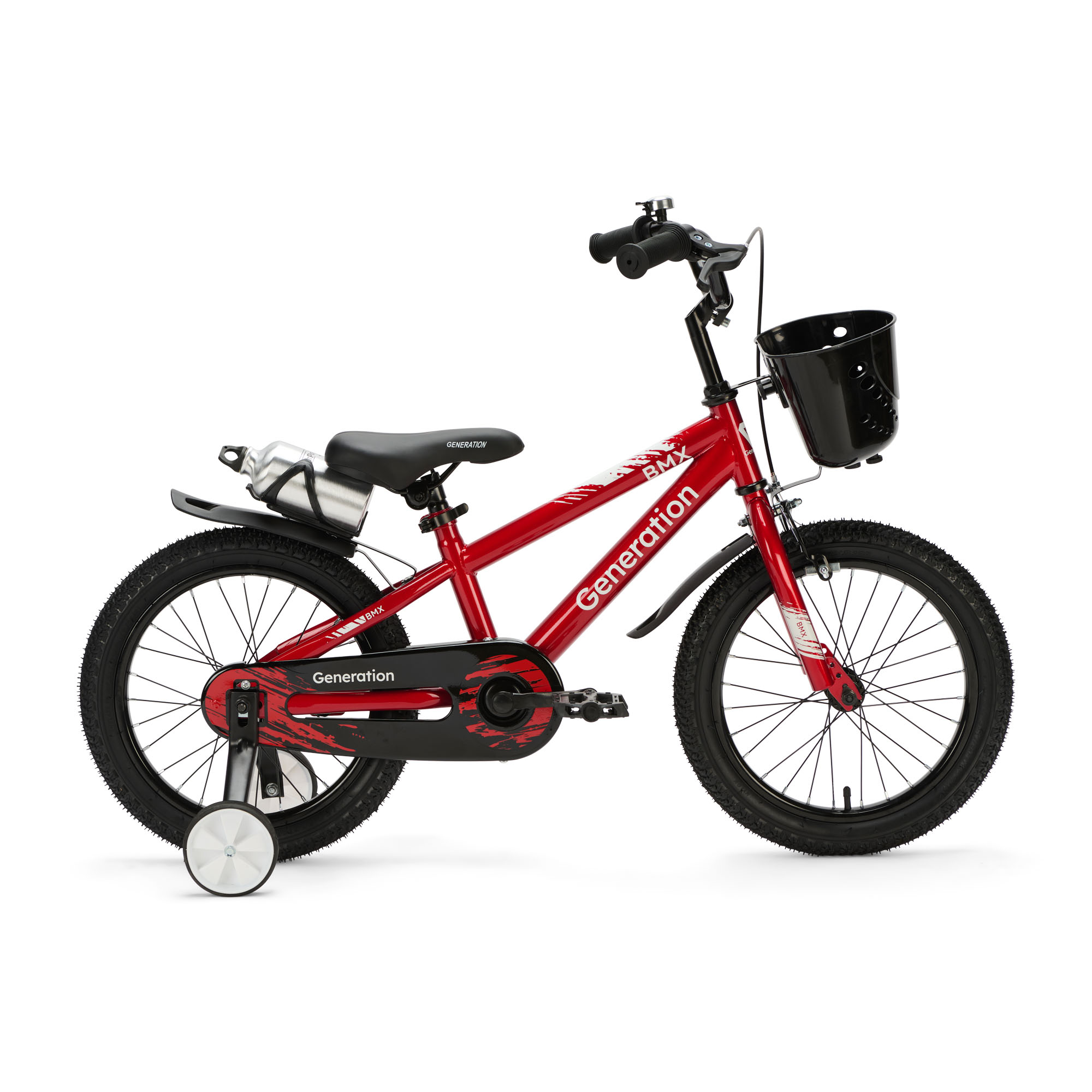 Generation BMX 16 inch Rood – Kinderfiets De Generation BMX 16 inch Rood is een stoere kinderfiets voor kinderen van ongeveer 4 tot 6 jaar. De fiets heeft een framemaat van 24 cm en een minimale zadelhoogte van 51 cm. Compleet met zijwieltjes, terugtraprem, mandje, drinkbeker, fietsbel en spatborden.
