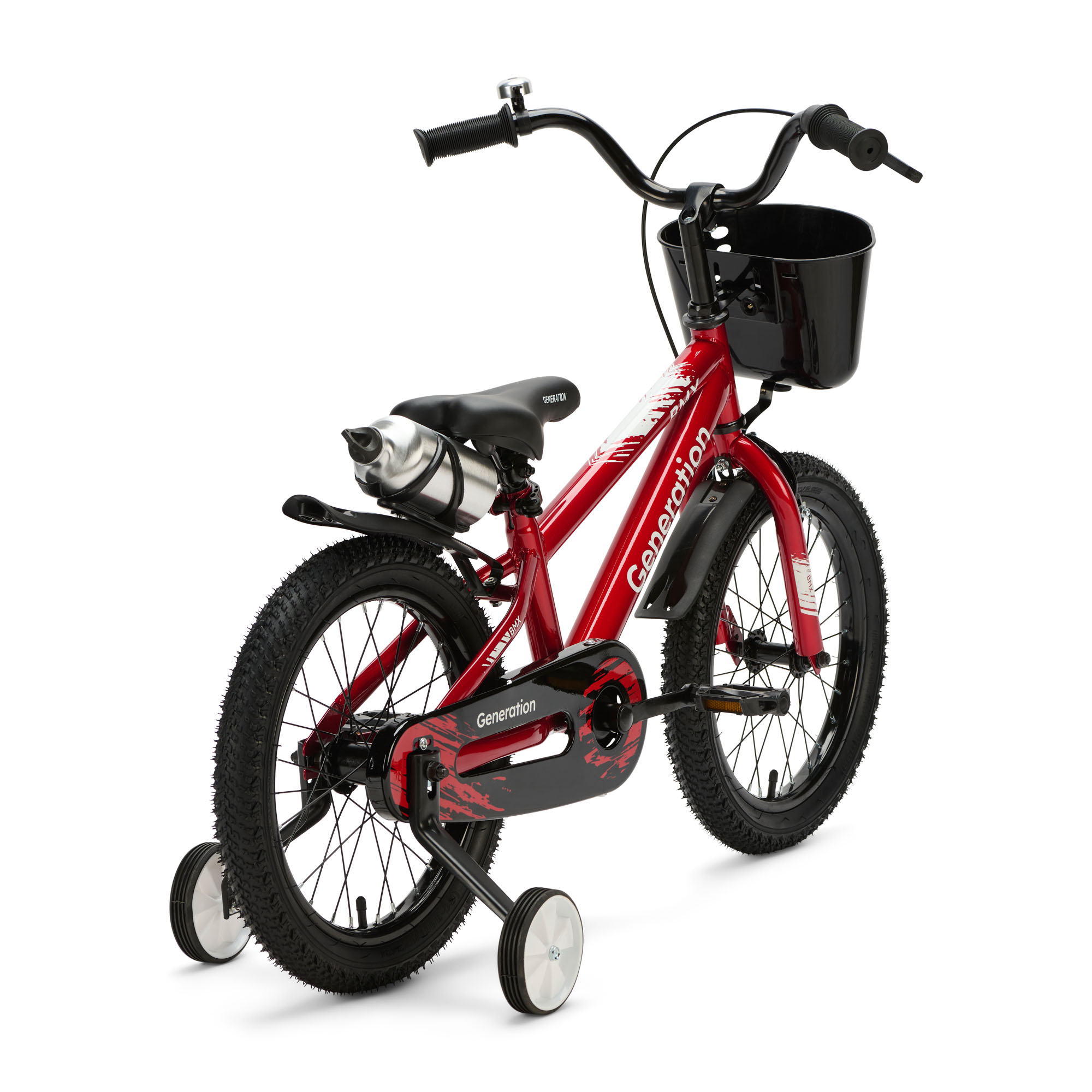 Generation BMX 16 inch Rood – Kinderfiets De Generation BMX 16 inch Rood is een stoere kinderfiets voor kinderen van ongeveer 4 tot 6 jaar. De fiets heeft een framemaat van 24 cm en een minimale zadelhoogte van 51 cm. Compleet met zijwieltjes, terugtraprem, mandje, drinkbeker, fietsbel en spatborden.