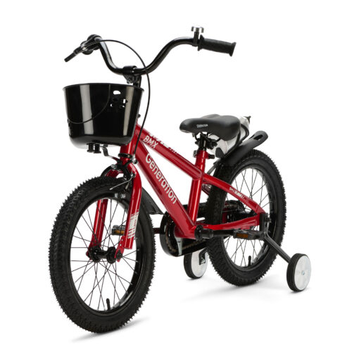 De Generation BMX 16 inch Rood is een stoere kinderfiets voor kinderen van ongeveer 4 tot 6 jaar. De fiets heeft een framemaat van 24 cm en een minimale zadelhoogte van 51 cm. Compleet met zijwieltjes, terugtraprem, mandje, drinkbeker, fietsbel en spatborden.