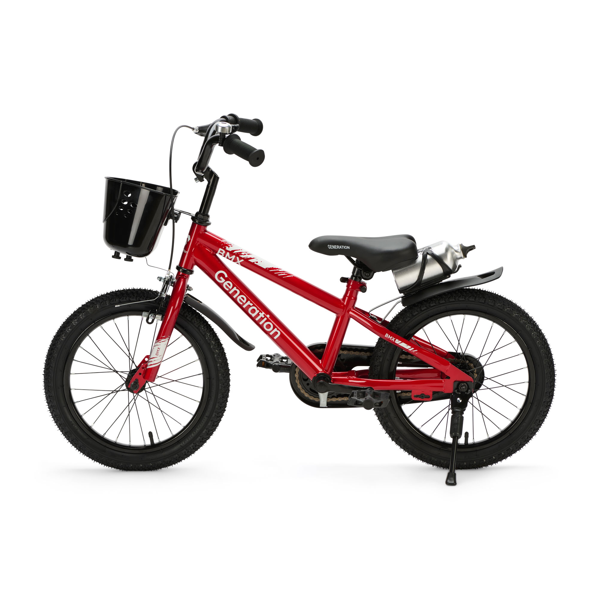 Generation BMX 16 inch Rood – Kinderfiets De Generation BMX 16 inch Rood is een stoere kinderfiets voor kinderen van ongeveer 4 tot 6 jaar. De fiets heeft een framemaat van 24 cm en een minimale zadelhoogte van 51 cm. Compleet met zijwieltjes, terugtraprem, mandje, drinkbeker, fietsbel en spatborden.