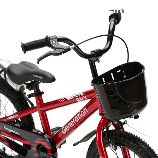De Generation BMX 16 inch Rood is een stoere kinderfiets voor kinderen van ongeveer 4 tot 6 jaar. De fiets heeft een framemaat van 24 cm en een minimale zadelhoogte van 51 cm. Compleet met zijwieltjes, terugtraprem, mandje, drinkbeker, fietsbel en spatborden.