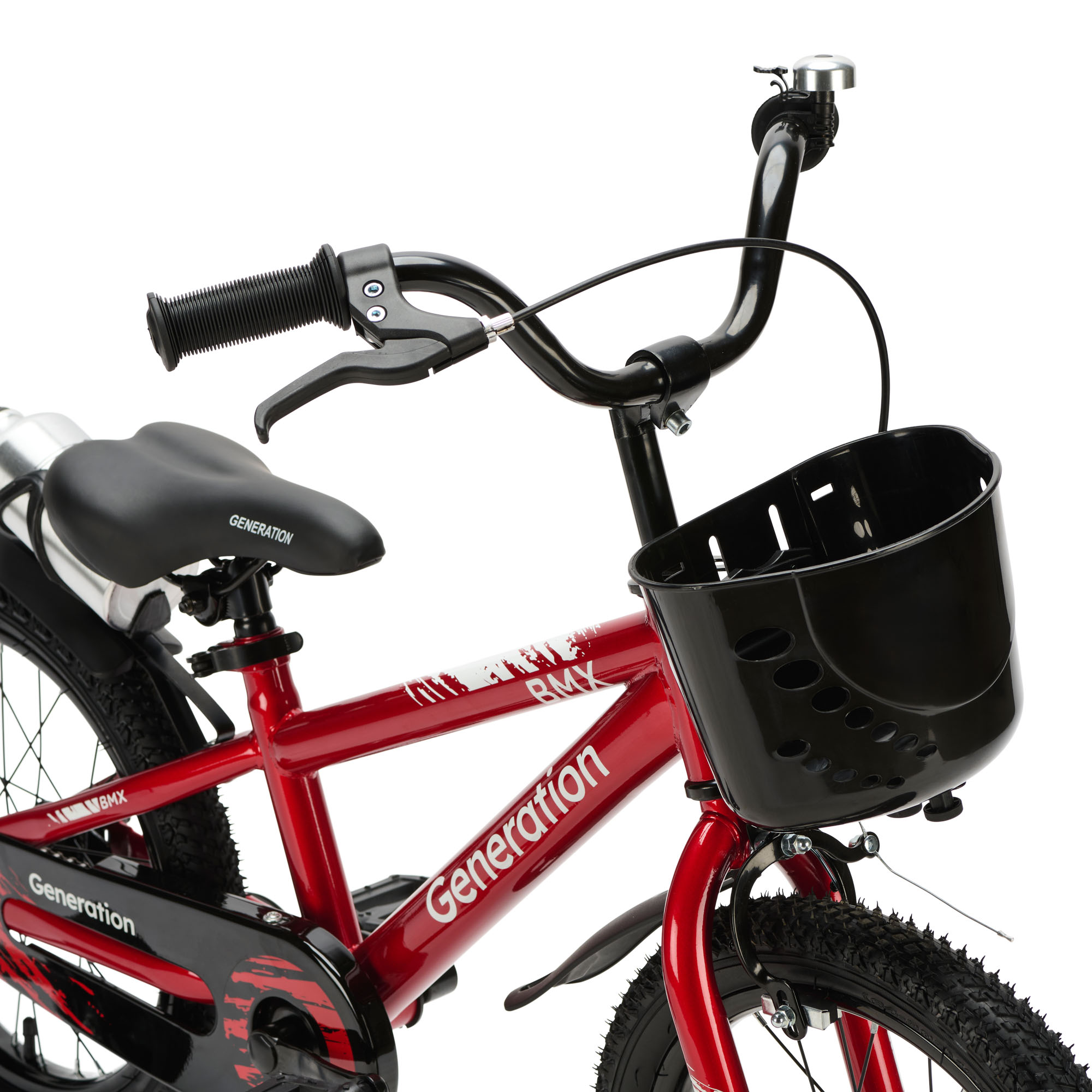 Generation BMX 16 inch Rood – Kinderfiets De Generation BMX 16 inch Rood is een stoere kinderfiets voor kinderen van ongeveer 4 tot 6 jaar. De fiets heeft een framemaat van 24 cm en een minimale zadelhoogte van 51 cm. Compleet met zijwieltjes, terugtraprem, mandje, drinkbeker, fietsbel en spatborden.
