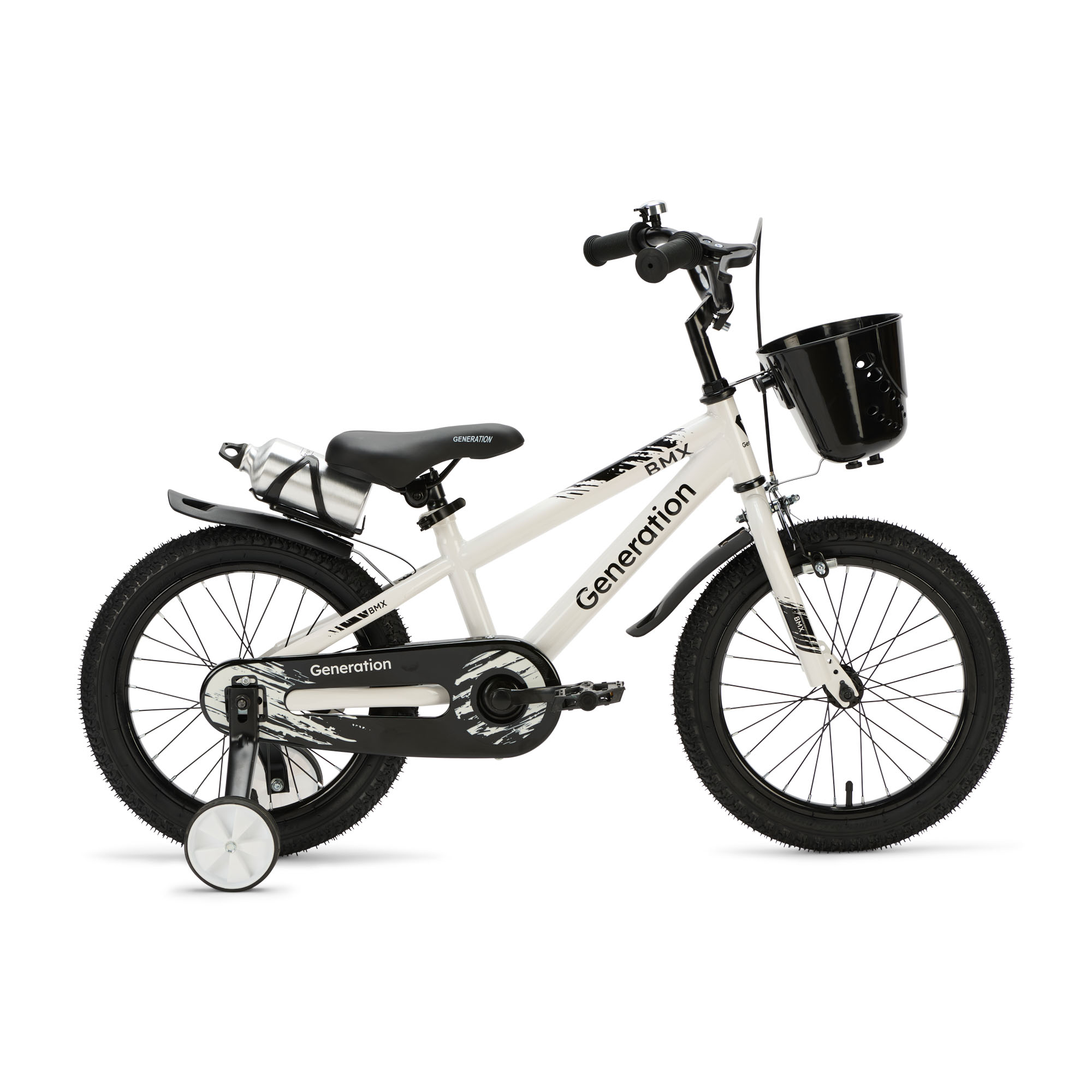Generation BMX 16 inch Wit – Kinderfiets De Generation BMX 16 inch Wit is een stoere kinderfiets voor kinderen van ongeveer 4 tot 6 jaar. De fiets heeft een framemaat van 24 cm en een minimale zadelhoogte van 51 cm. Compleet met zijwieltjes, terugtraprem, mandje, drinkbeker, fietsbel en spatborden.