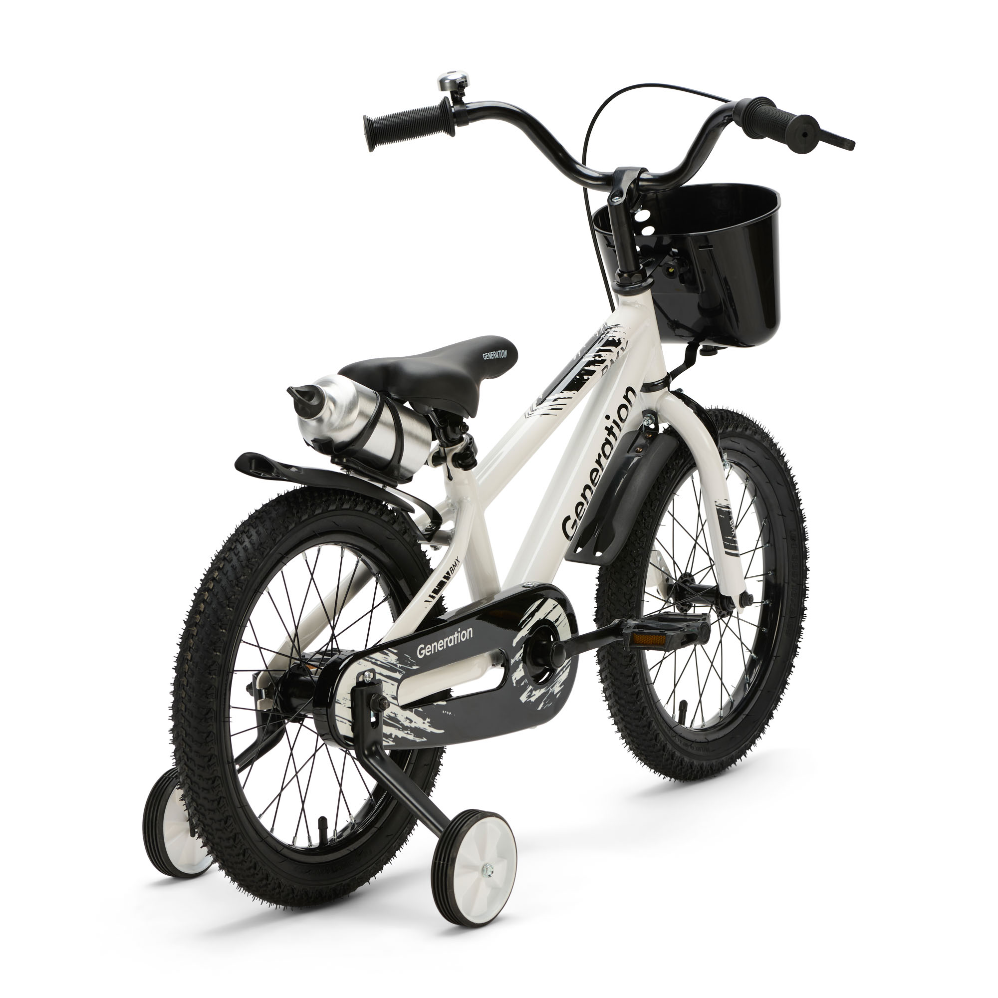 Generation BMX 16 inch Wit – Kinderfiets De Generation BMX 16 inch Wit is een stoere kinderfiets voor kinderen van ongeveer 4 tot 6 jaar. De fiets heeft een framemaat van 24 cm en een minimale zadelhoogte van 51 cm. Compleet met zijwieltjes, terugtraprem, mandje, drinkbeker, fietsbel en spatborden.