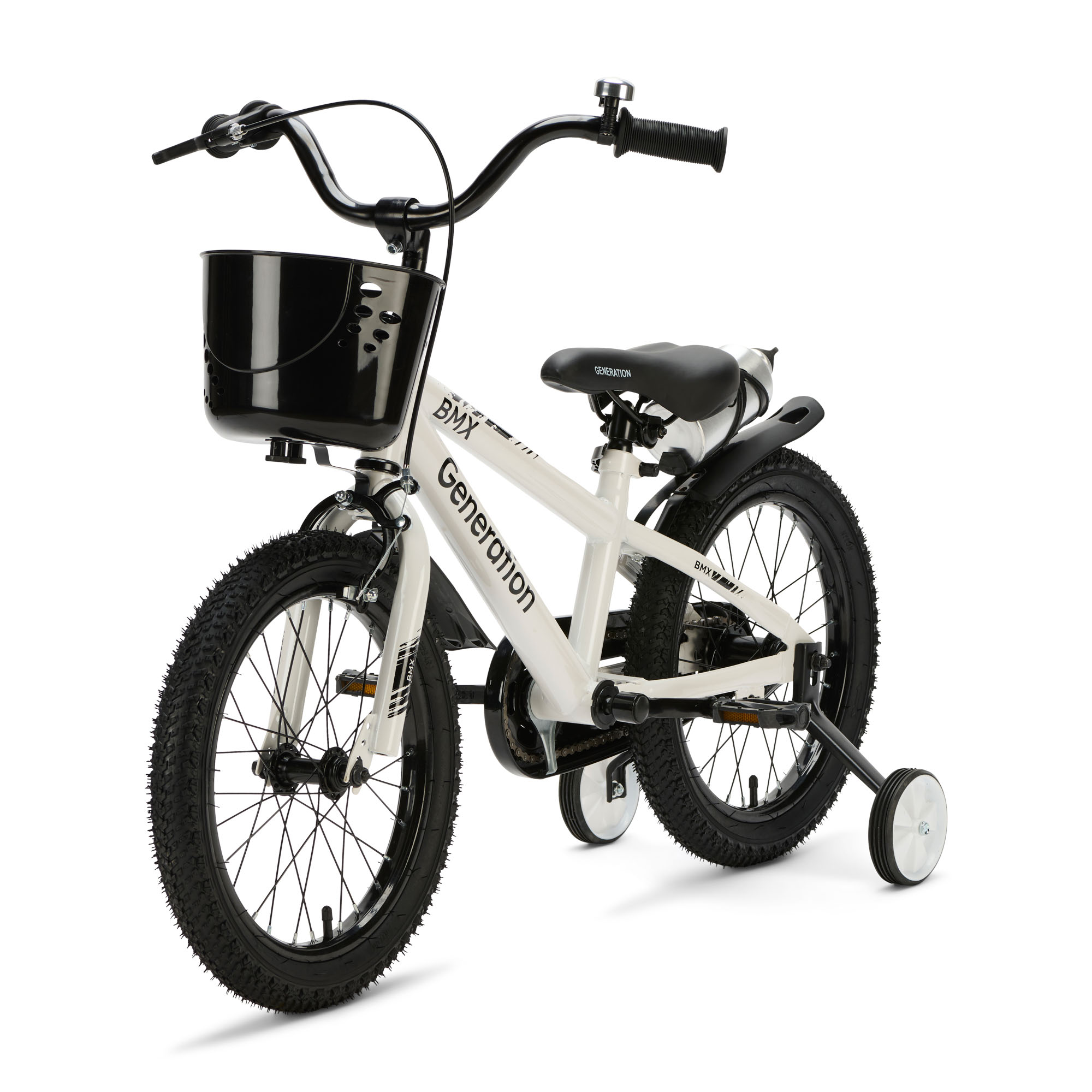 Generation BMX 16 inch Wit – Kinderfiets De Generation BMX 16 inch Wit is een stoere kinderfiets voor kinderen van ongeveer 4 tot 6 jaar. De fiets heeft een framemaat van 24 cm en een minimale zadelhoogte van 51 cm. Compleet met zijwieltjes, terugtraprem, mandje, drinkbeker, fietsbel en spatborden.