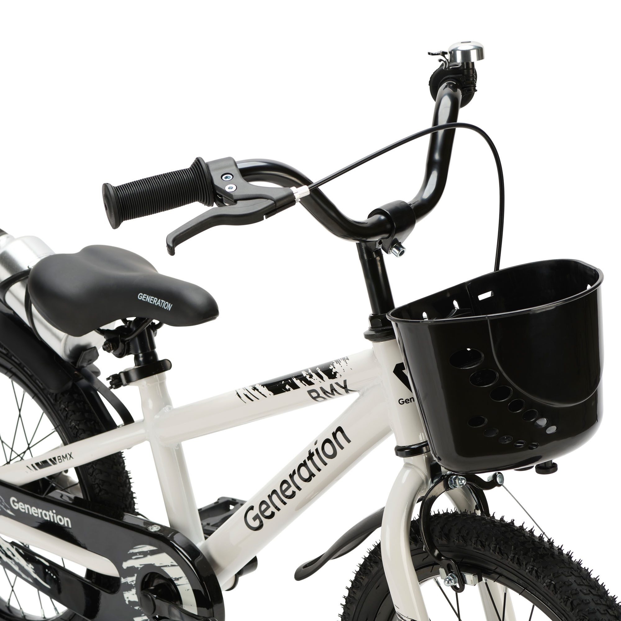 Generation BMX 16 inch Wit – Kinderfiets De Generation BMX 16 inch Wit is een stoere kinderfiets voor kinderen van ongeveer 4 tot 6 jaar. De fiets heeft een framemaat van 24 cm en een minimale zadelhoogte van 51 cm. Compleet met zijwieltjes, terugtraprem, mandje, drinkbeker, fietsbel en spatborden.